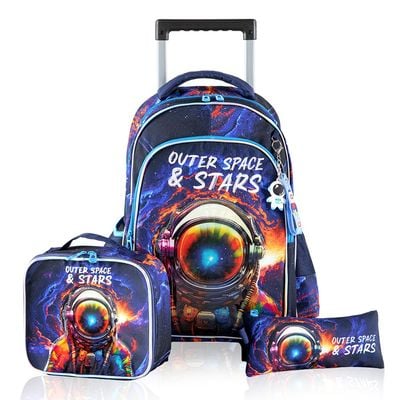 Eazy Kids 18Inch Set of 4 Trolley School Bag with Bento Lunch Box, Lunch Bag and Pencil Case - Outer Space Blue