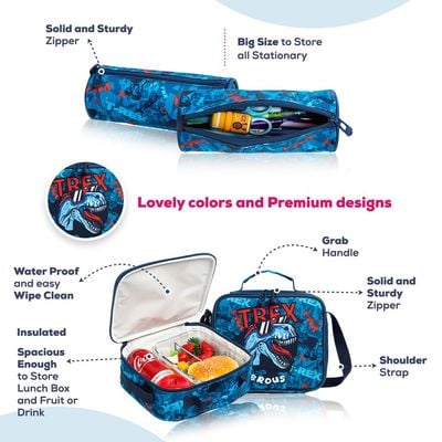 Eazy Kids 18Inch Set of 5 Trolley School Bag with Bento Lunch Box, Stainless Steel 640ml Water Bottle, Lunch Bag and Pencil Case - TREX Dinosaur - Blue