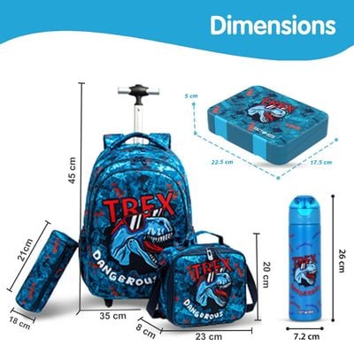 Eazy Kids 18Inch Set of 5 Trolley School Bag with Bento Lunch Box, Stainless Steel 640ml Water Bottle, Lunch Bag and Pencil Case - TREX Dinosaur - Blue