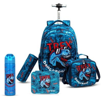 Eazy Kids 18Inch Set of 5 Trolley School Bag with Bento Lunch Box, Stainless Steel 640ml Water Bottle, Lunch Bag and Pencil Case - TREX Dinosaur - Blue