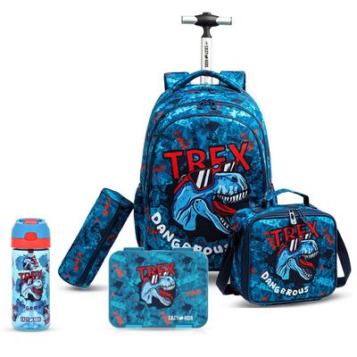 Eazy Kids 18Inch Set of 5 Trolley School Bag with Bento Lunch Box, Tritan 420ml Water Bottle, Lunch Bag and Pencil Case - TREX Dinosaur - Blue