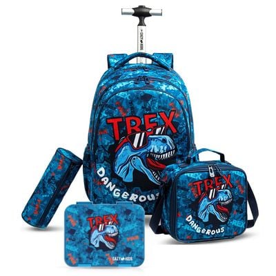 Eazy Kids 18Inch Set of 4 Trolley School Bag with Bento Lunch Box, Lunch Bag and Pencil Case - TREX Dinosaur - Blue