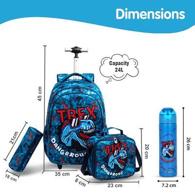 Eazy Kids 18Inch Set of 4 Trolley School Bag with Stainless Steel 640ml Water Bottle, Lunch Bag and Pencil Case - TREX Dinosaur - Blue