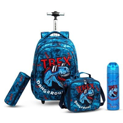 Eazy Kids 18Inch Set of 4 Trolley School Bag with Stainless Steel 640ml Water Bottle, Lunch Bag and Pencil Case - TREX Dinosaur - Blue