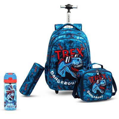 Eazy Kids 18Inch Set of 4 Trolley School Bag with Tritan 420ml Water Bottle, Lunch Bag and Pencil Case - TREX Dinosaur - Blue