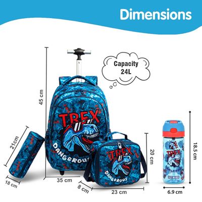 Eazy Kids 18Inch Set of 4 Trolley School Bag with Tritan 420ml Water Bottle, Lunch Bag and Pencil Case - TREX Dinosaur - Blue