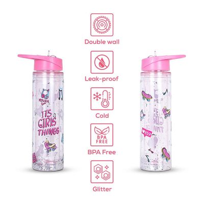 Eazy Kids - 17" School Bag, Bento Box, Glitter 550ml Water Bottle, Lunch Bag, Pencil Case, Set of 5 - Girl Things Pink