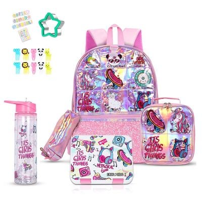 Eazy Kids - 17" School Bag, Bento Box, Glitter 550ml Water Bottle, Lunch Bag, Pencil Case, Set of 5 - Girl Things Pink
