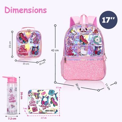 Eazy Kids - 17" School Bag, Bento Box, Glitter 550ml Water Bottle, Lunch Bag, Pencil Case, Set of 5 - Girl Things Pink