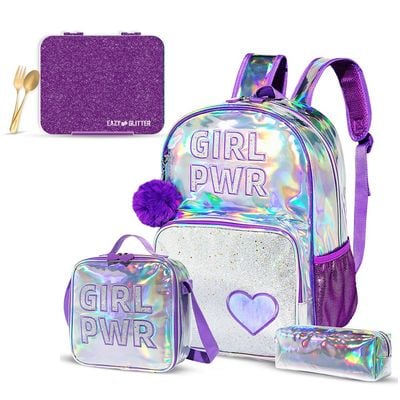 Eazy Kids - 18" School Bag, Glitter Bento Box, Lunch Bag, Pencil Case, Set of 4 - Girl Power Purple