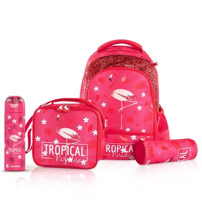 Eazy Kids 17Inch Set of 4 School Bag with Stainless Steel 640ml Water Bottle, Lunch Bag and Pencil Case - Tropical Pink