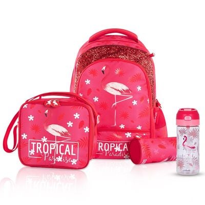 Eazy Kids 17Inch Set of 4 School Bag with Tritan 420ml Water Bottle, Lunch Bag and Pencil Case - Tropical Pink
