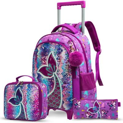 Eazy Kids - 18" Set of 5 Trolley School Bag with Glitter Bento Box, Glitter 550ml Water Bottle, Lunch Bag & Pencil Case - Mermaid Purple