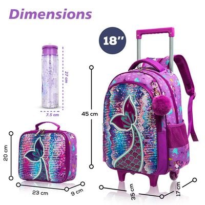 Eazy Kids - 18" Set of 4 Trolley School Bag with Glitter 550ml Water Bottle, Lunch Bag & Pencil Case - Mermaid Purple