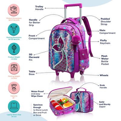 Eazy Kids - 18" Set of 4 Trolley School Bag with Glitter 550ml Water Bottle, Lunch Bag & Pencil Case - Mermaid Purple