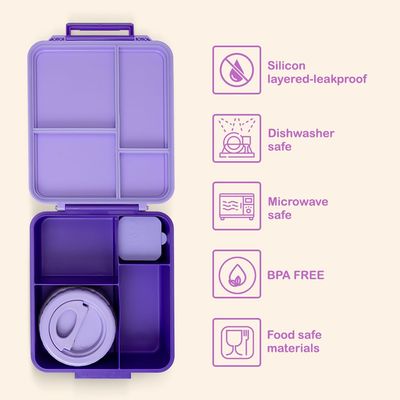 Eazy Kids Jumbo Bento Lunch Box w/ Thermos & Dip Jar- Purple