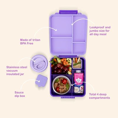 Eazy Kids Jumbo Bento Lunch Box w/ Thermos & Dip Jar- Purple