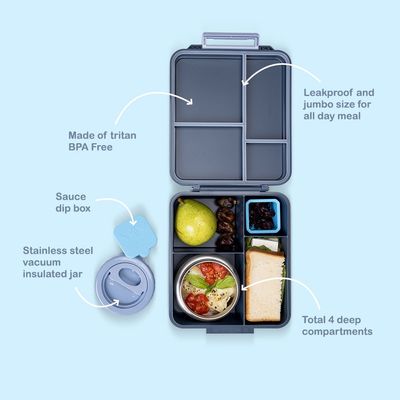 Eazy Kids Jumbo Bento Lunch Box w/ Thermos & Dip Jar- Grey