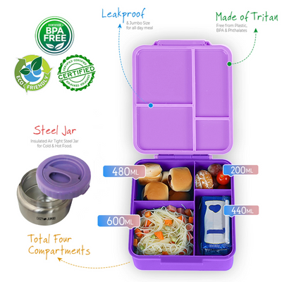 Eazy Kids Jumbo Bento Lunch Box w/ Lunch Bag and Thermos & Dip Jar- Purple