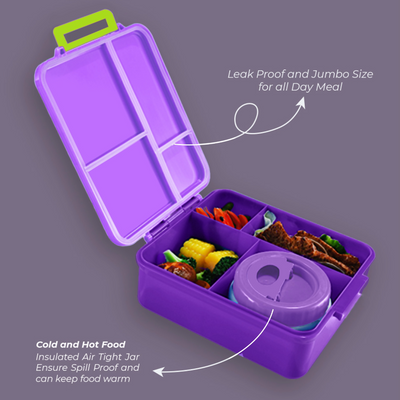 Eazy Kids Jumbo Bento Lunch Box w/ Lunch Bag and Thermos & Dip Jar- Purple