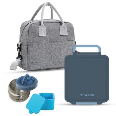 Eazy Kids Jumbo Bento Lunch Box w/ Lunch Bag and Thermos & Dip Jar- Grey