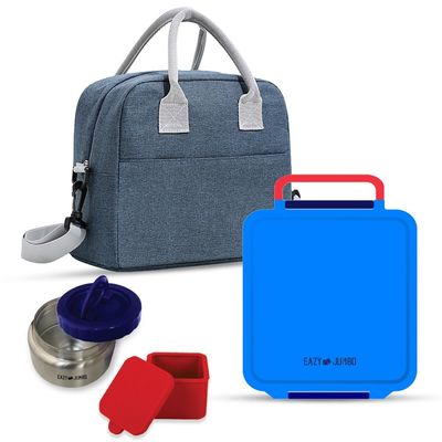 Eazy Kids Jumbo Bento Lunch Box w/ Lunch Bag and Thermos & Dip Jar- Blue