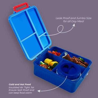 Eazy Kids Jumbo Bento Lunch Box w/ Lunch Bag and Thermos & Dip Jar- Blue