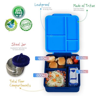 Eazy Kids Jumbo Bento Lunch Box w/ Lunch Bag and Thermos & Dip Jar- Blue