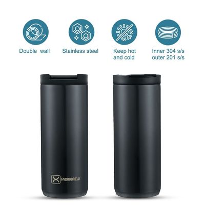 HYDROBREW Double Wall Insulated Tumbler Water Bottle - Black, 400ml