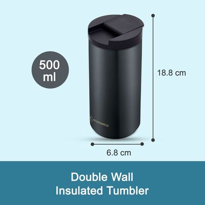 HYDROBREW Double Wall Insulated Tumbler Water Bottle - Black, 500ml