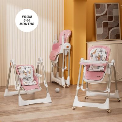 Teknum 5-IN-1 Swing with High Chair with Lockable wheels - Pink