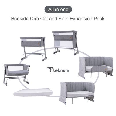 Teknum All In One, 0-4 Years Bedside Crib Cot & Sofa Expansion Pack - Grey