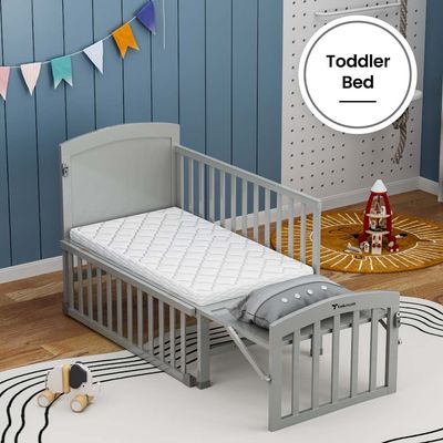 Teknum - 7 in 1 Convertible Kids Bed & Bedside Crib w / Mattress, Mosquito net & Detachable Wheels(0 - 12yrs) - Grey