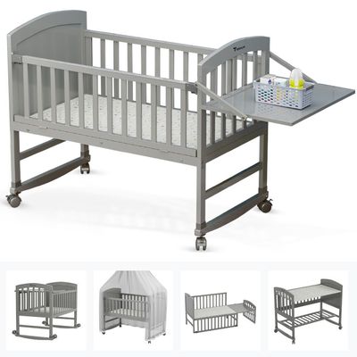 Teknum - 7 in 1 Convertible Kids Bed & Bedside Crib w / Mattress, Mosquito net & Detachable Wheels(0 - 12yrs) - Grey