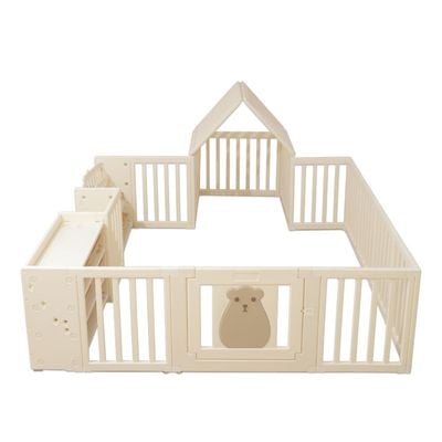 Little Story - Portable Playpen with Bookshelf, Toy Storage and Play house - White