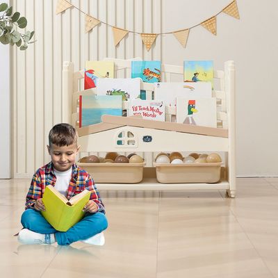 Little Story - Portable Playpen with Bookshelf, Toy Storage and Play house - White