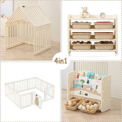 Little Story - Portable Playpen with Bookshelf, Toy Storage and Play house - White