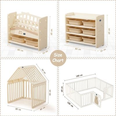 Little Story - Portable Playpen with Bookshelf, Toy Storage and Play house - White