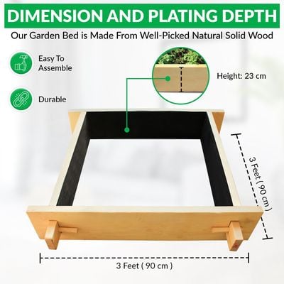 Explorer Gardenbed - 3 feet x 3 feet x 23 cm, Wooden planter bed for home gardening, starter kit to grow flowers, herbs, vegetables, root veggies.