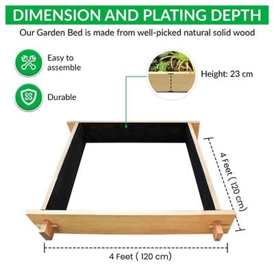 Rancher Gardenbed - 4 feet x 4 feet x 23 cm, Wooden planter bed for home gardening, starter kit to grow flowers, herbs, vegetables, root veggies.es.