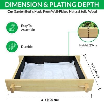 Rancher Explorer Gardenbed - 4 feet x 3 feet x 23 cm, Wooden planter bed for home gardening, starter kit to grow flowers, herbs, vegetables, root veggies.