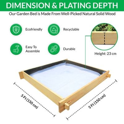 Yardlong Gardenbed - 5 feet x 5 feet x 23 cm, Wooden planter bed for home gardening, starter kit to grow flowers, herbs, vegetables, root veggies.