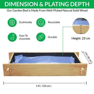 Yardlong Greencorner Gardenbed - 5 feet x 2 feet x 23 cm, Wooden planter bed for home gardening, starter kit to grow flowers, herbs, vegetables, root veggies.