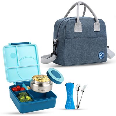 Eazy Kids Jumbo Bento Lunch Box w/ Grey Lunch Bag , Food Jar and Cutlery - Blue