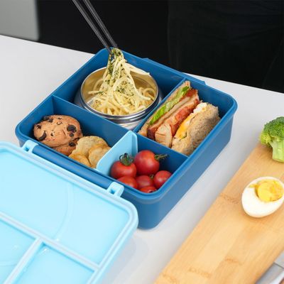 Eazy Kids Jumbo Bento Lunch Box w/ Grey Lunch Bag , Food Jar and Cutlery - Blue