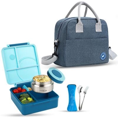 Eazy Kids Jumbo Bento Lunch Box w/ Blue Lunch Bag , Food Jar and Cutlery - Blue