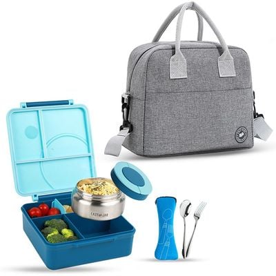 Eazy Kids Jumbo Bento Lunch Box w/ Blue Lunch Bag , Food Jar and Cutlery - Blue