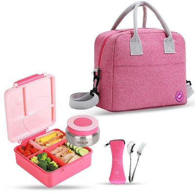 Eazy Kids Jumbo Bento Lunch Box w/ Pink Lunch Bag , Food Jar and Cutlery - Pink