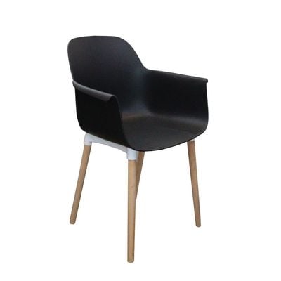 Fiber Plastic Dining Chair with Solid Wooden Leg- Black JP1267A