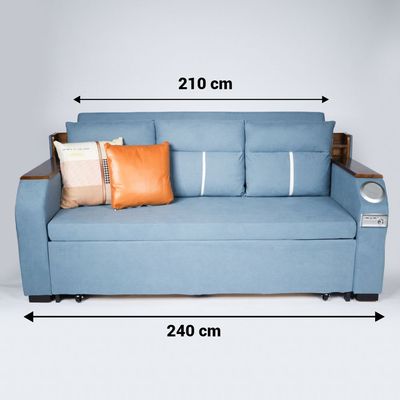 Extendable 2 in 1 Sofa Bed with Side Pockets,  Bottom and Side Storage, USB Ports, Bluetooth and Speaker - 240 cm Outside - Blue